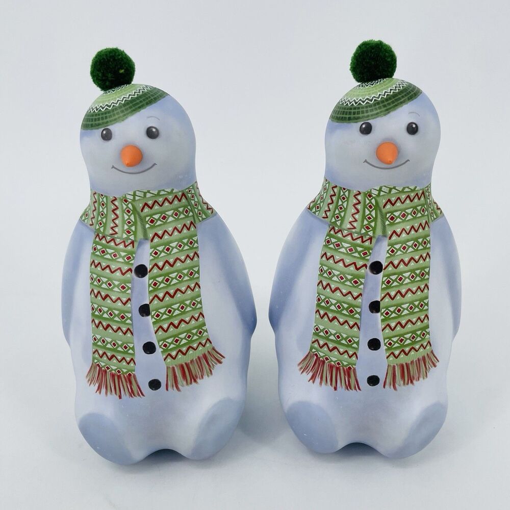 2 Silver Crane Company Empty Tin Snowman Green Scarf Holiday Collectible 11"